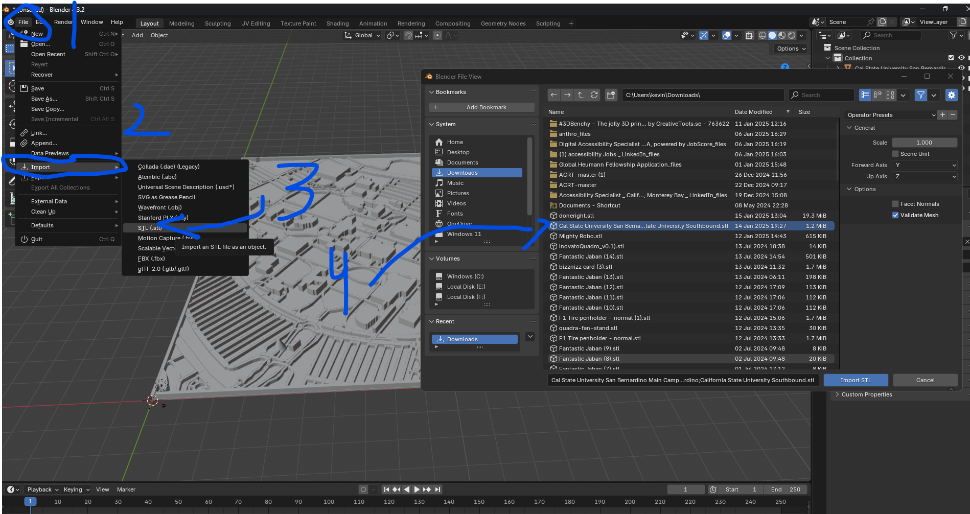 Blender interface. First open the file menu, then the import option, then the stl option, and import the stl file you just made