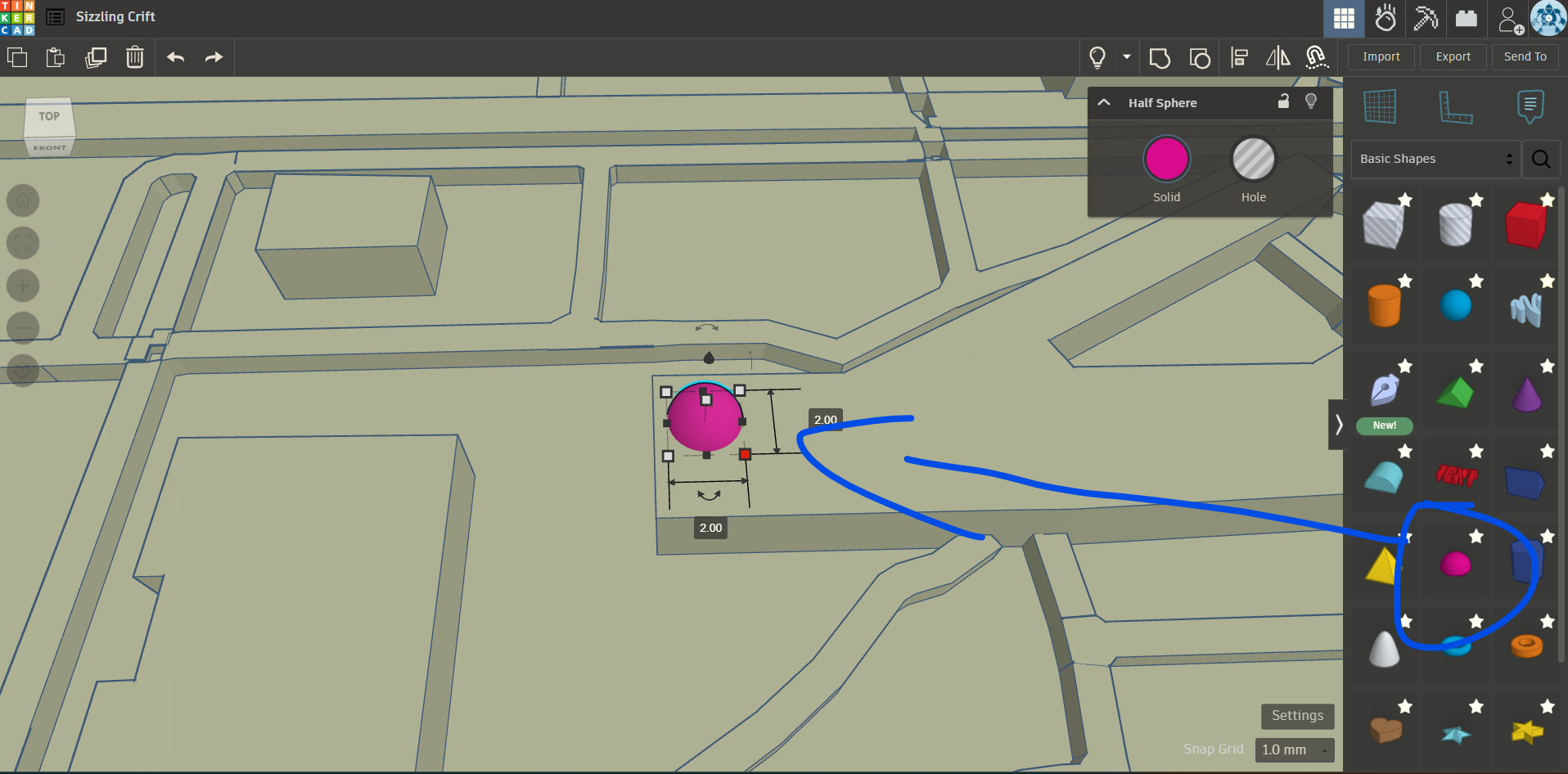 The half circle object has been dragged onto the work space, and shrunk down to 2 x 2 milimeter size.