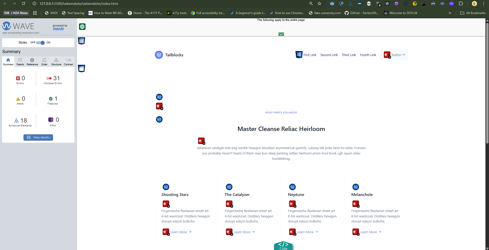 What a default Tailblocks page looks like. Bad color contrast, no errors or alerts, but still lots of issue to fix. WAVE finds several alerts to double check