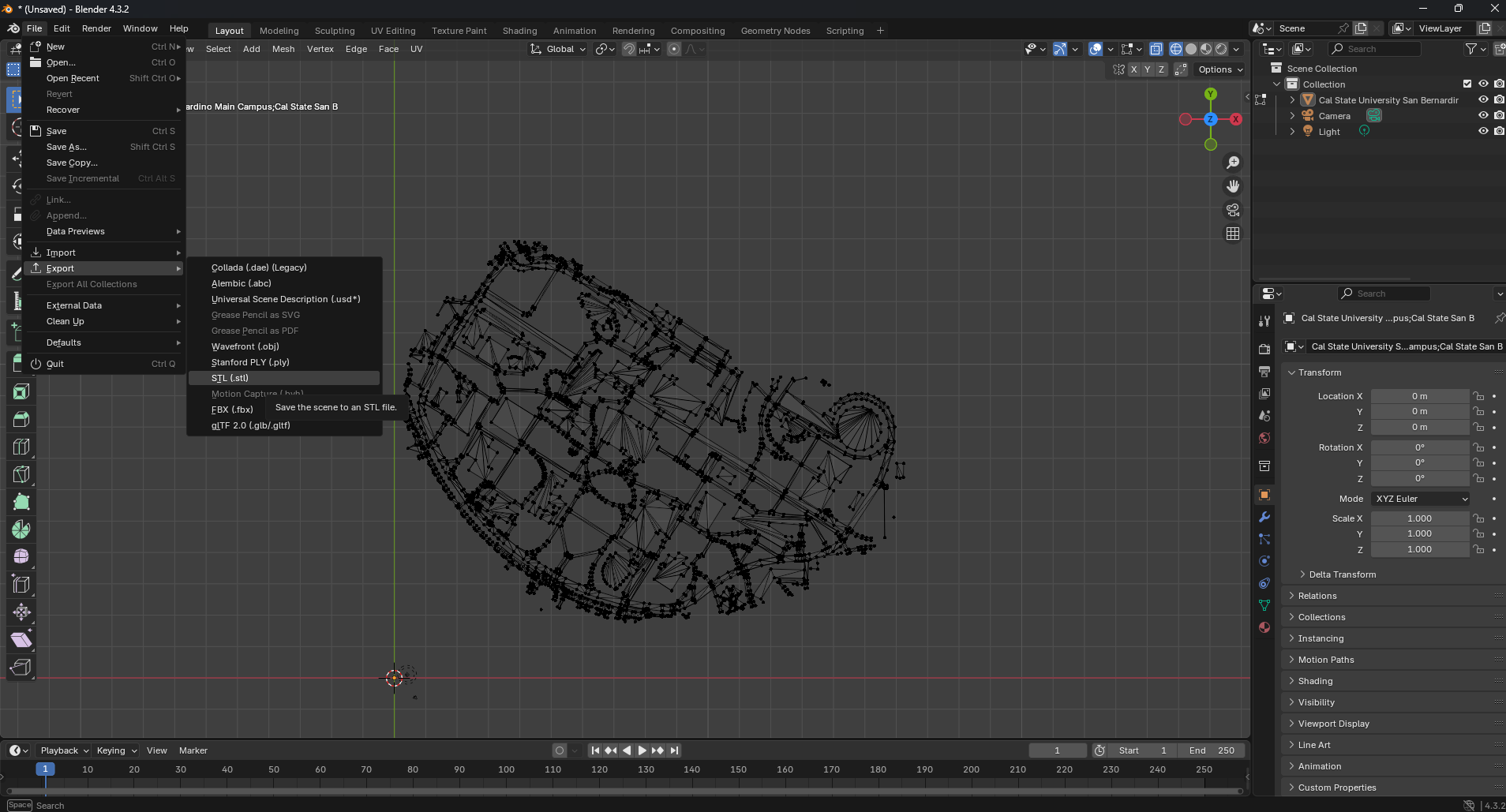 Blender edit mode, now in wire frame mode. We can see all the vertices of the object. We are now looking from the top down on the model, and have the the center of the campus selected.