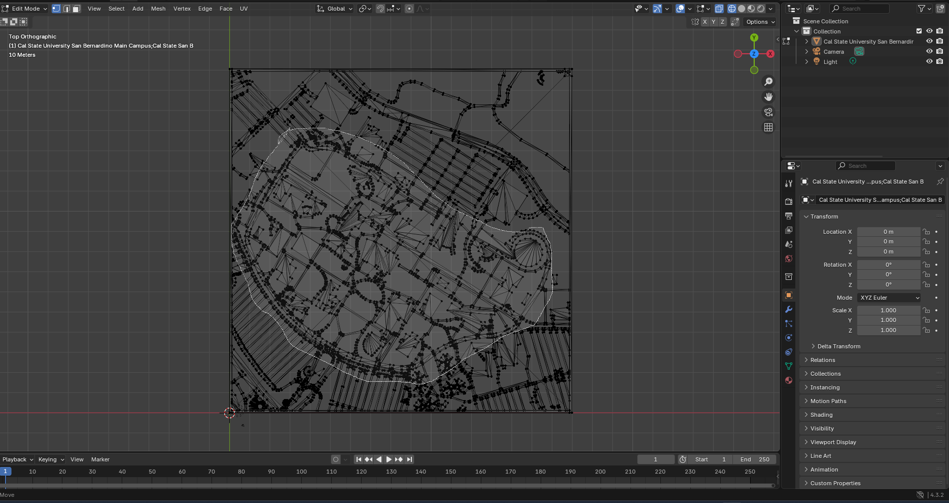 Blender edit mode, now in wire frame mode. We can see all the vertices of the object. We are now looking from the top down on the model, and have the the center of the campus highlighted.