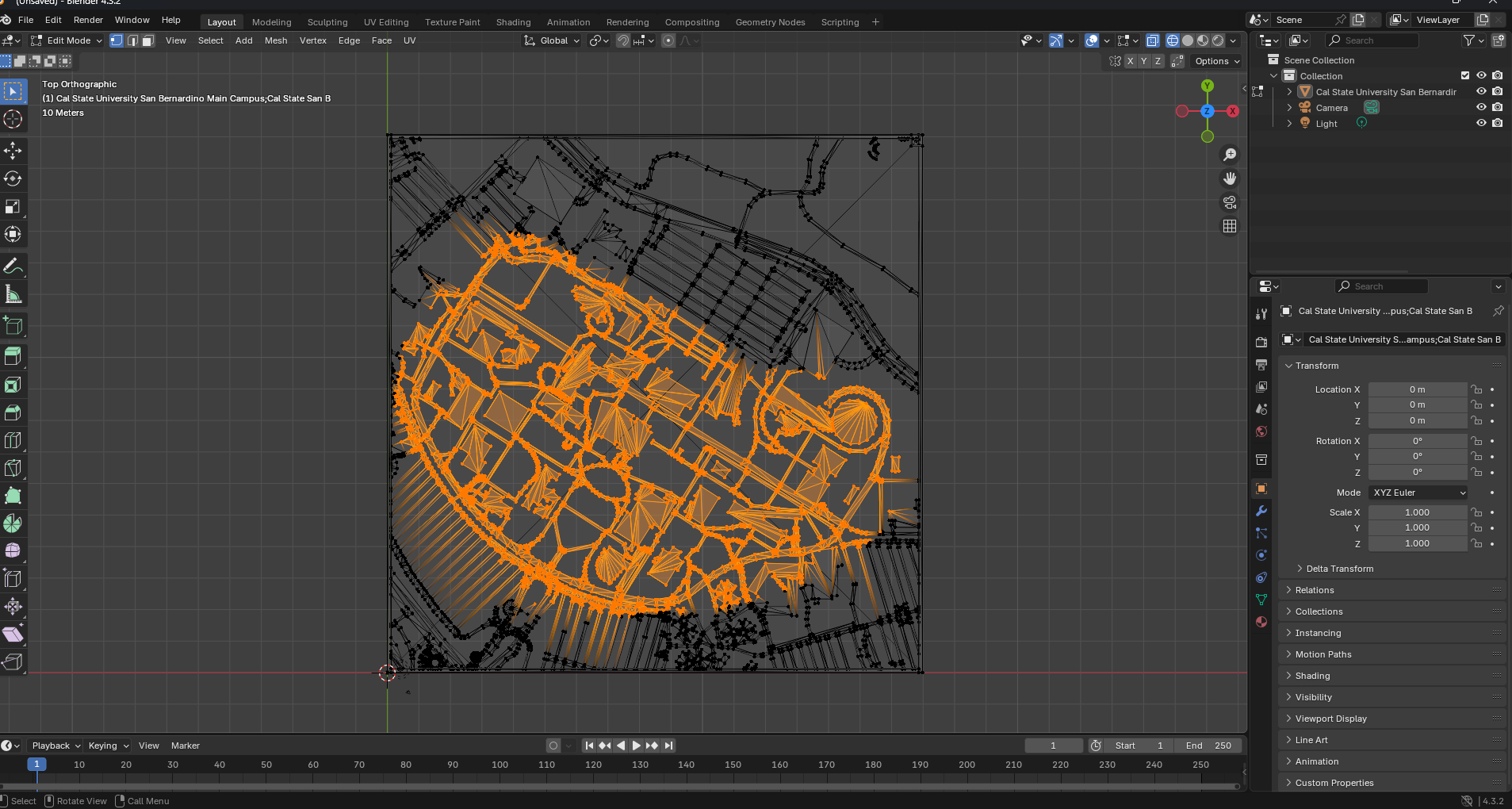 Blender edit mode, now in wire frame mode. We can see all the vertices of the object. We are now looking from the top down on the model, and have the the center of the campus selected.