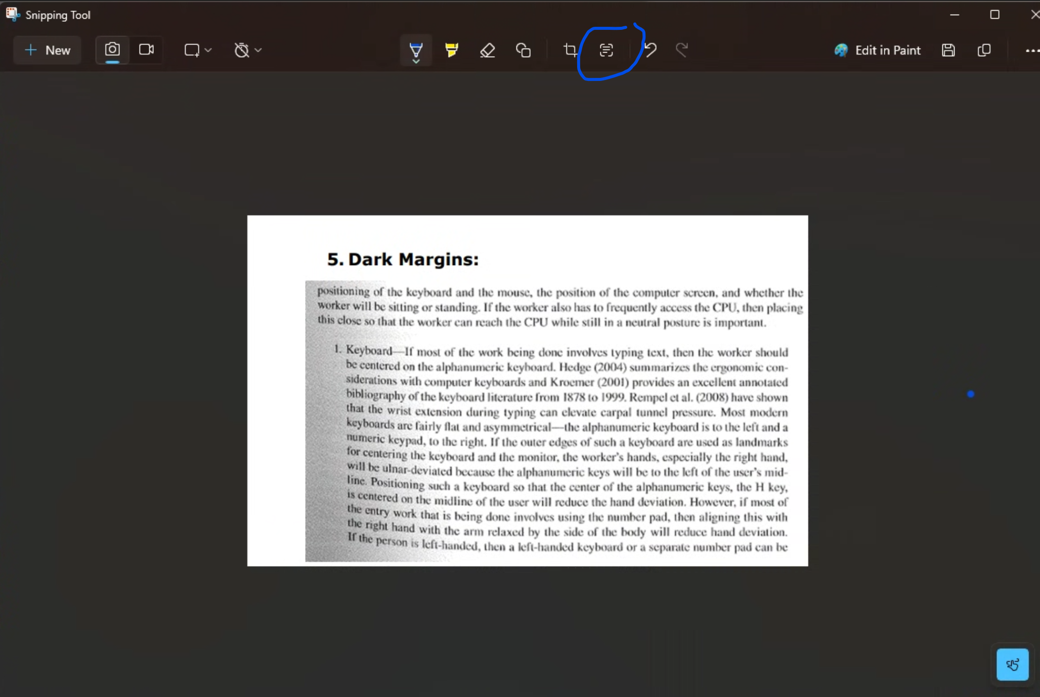 The Snipping Tool OCR option, with the Text option circled.
