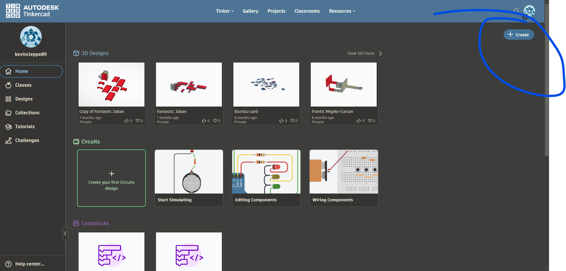 The main dashboard for tinkercad.com. The create button is circled.