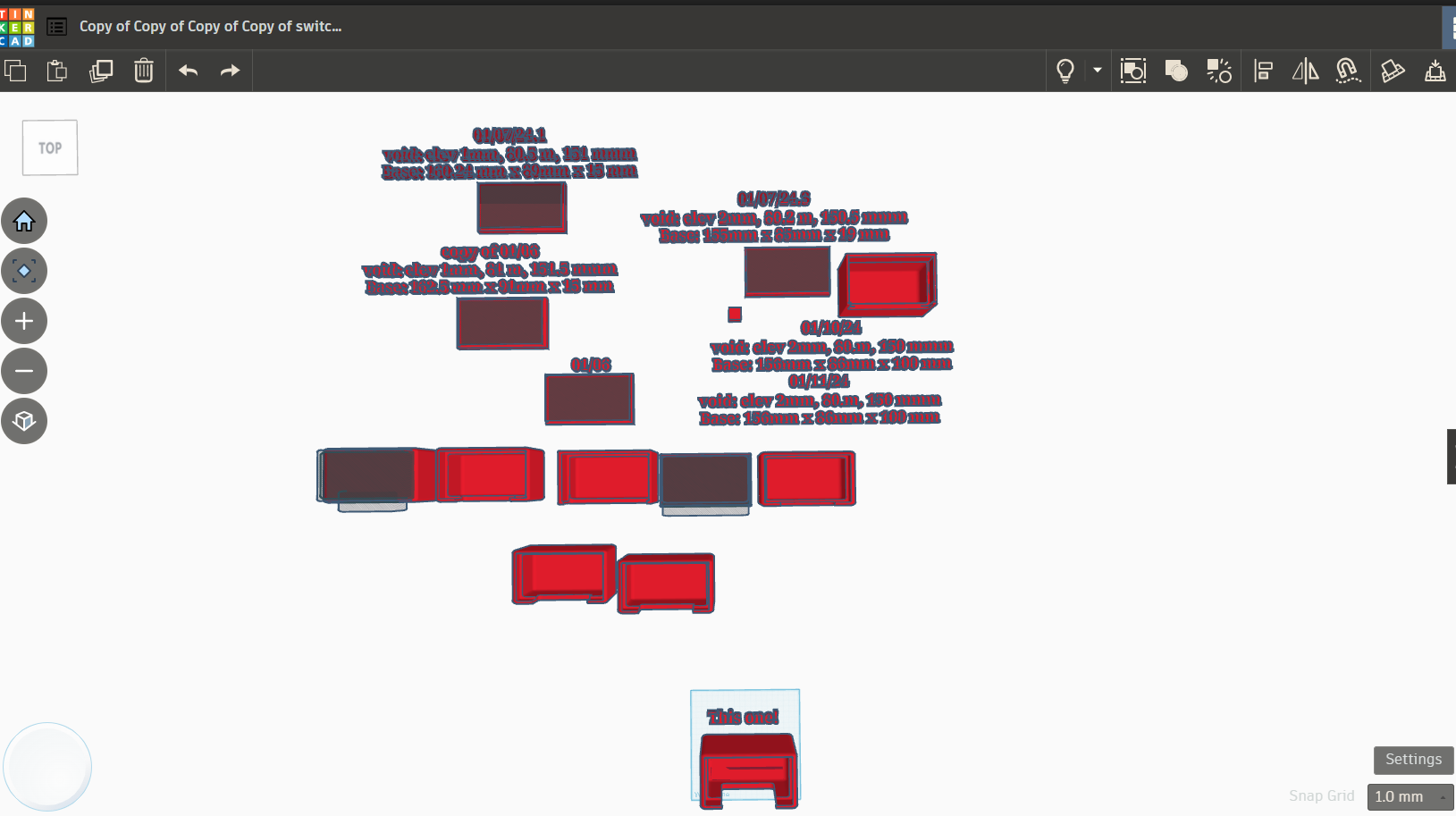 My copied over workspace in tinkercad for the switch covers