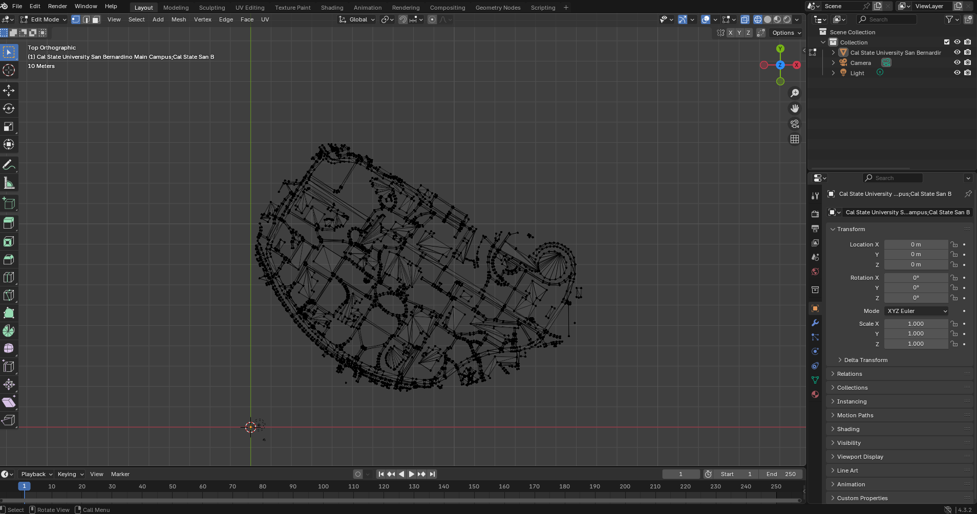 Blender edit mode, now in wire frame mode. We can see all the vertices of the object. We are now looking from the top down on the model, and have the the center of the campus selected.
