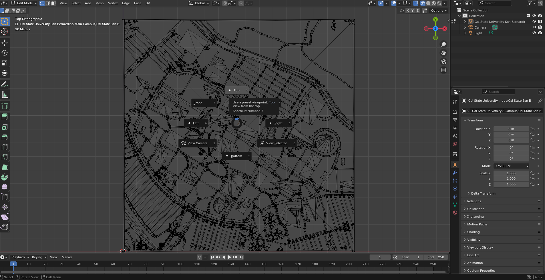 Blender edit mode, now in wire frame mode. We can see all the vertices of the object. We are now looking from the top down on the model.