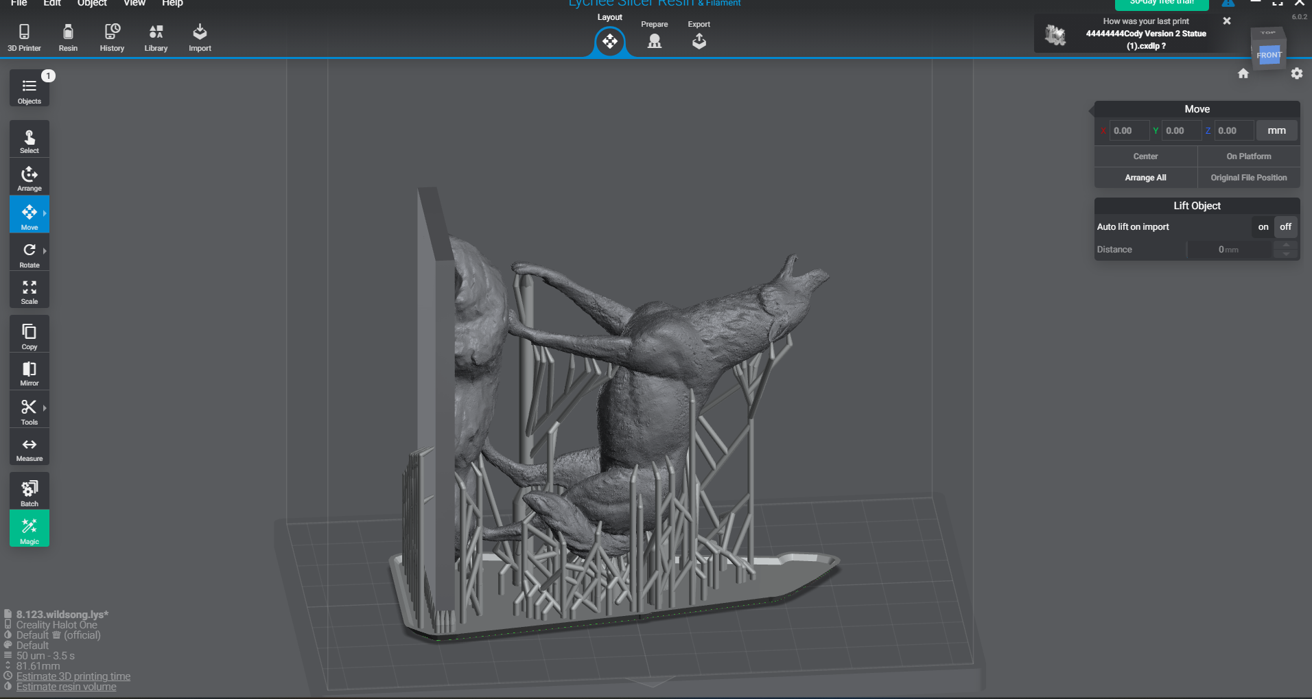 The WildSong coyote statue but now in Lychee slicer, with many supports added to it.